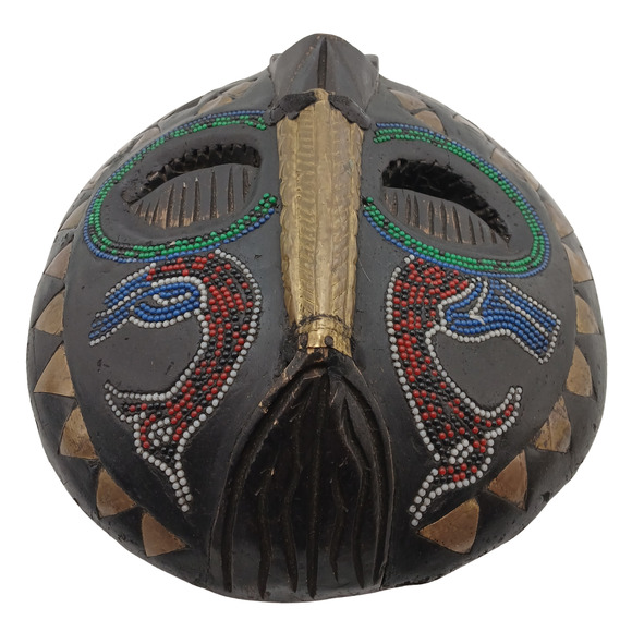 VTG 12” African Ghana Hand Made Carved Baluba Moon Wood Beaded Mask Tribal - Picture 4 of 12